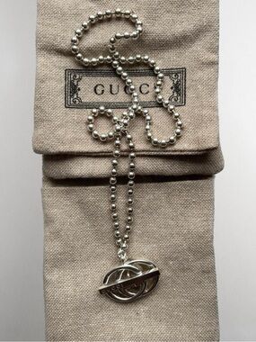 New w Box Gucci Silver Interlocking G Pendant Necklace w Beaded Chain 40/41cm